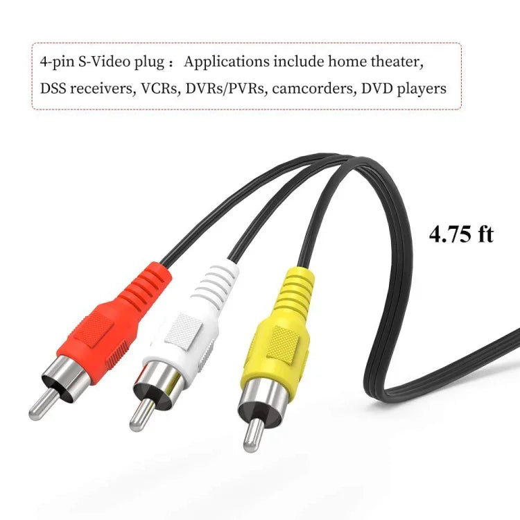 كابل محول ذكر 4 دبابيس S-Video إلى 3 RCA AV للتلفاز، الطول: 1.5م، S-Video إلى AV 3RCA ذكر