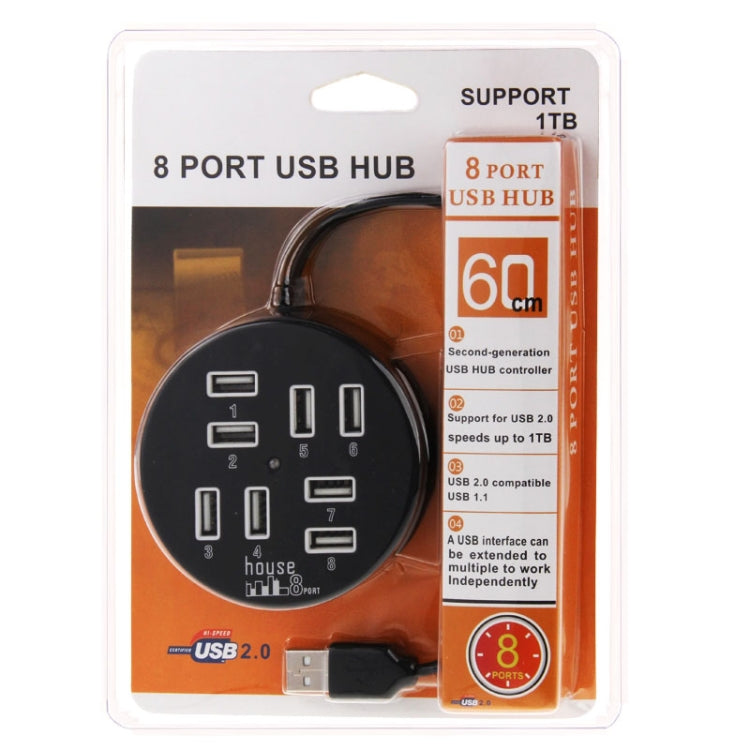 موزع USB 2.0 محمول عالي السرعة بثمانية منافذ، الطول: 60 سم، موزع USB 2.0 دائري بثمانية منافذ لتوسيع اللابتوب والكمبيوتر المحمول، يدعم قرص صلب محمول 1 تيرابايت، دائري (أبيض)، دائري (أسود)