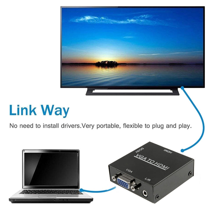 صندوق مقياس HDMI Mini VGA إلى HDMI بدقة HD 1080P مع محول صوت وفيديو رقمي للكمبيوتر / التلفاز عالي الدقة، HD 1080P