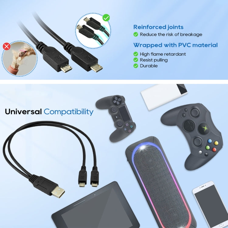 USB 2.0 Male to 2 Micro USB Male Cable, Length: About 30cm, USB 2.0 AM  to 2 Micro USB
