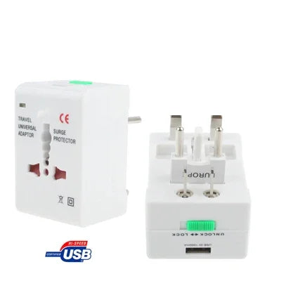 محول طاقة عالمي للسفر US / EU / AU / UK مع مقبس شاحن USB، مع منفذ USB