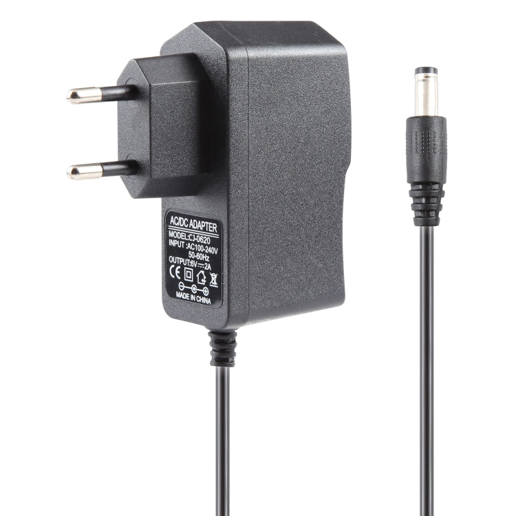 محول طاقة قابس EU AC 100-240V إلى DC 6V 2A، رؤوس: 5.5 × 2.1 مم، طول الكابل: 1.1 متر، قابس EU DC 6V 2A
