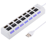 موزع USB 2.0 بسبع منافذ بسرعة عالية 480 ميجابت/ث مع مفتاح تشغيل/إيقاف و7 مصابيح LED، 7 منافذ (أبيض)، 7 منافذ (أسود)
