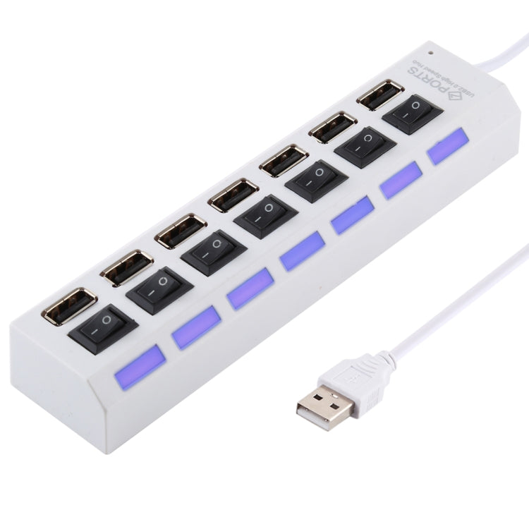موزع USB 2.0 بسبع منافذ بسرعة عالية 480 ميجابت/ث مع مفتاح تشغيل/إيقاف و7 مصابيح LED، 7 منافذ (أبيض)، 7 منافذ (أسود)