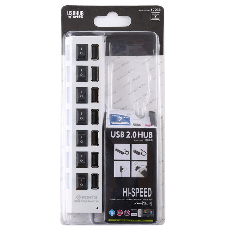 موزع USB 2.0 بسبع منافذ بسرعة عالية 480 ميجابت/ث مع مفتاح تشغيل/إيقاف و7 مصابيح LED، 7 منافذ (أبيض)، 7 منافذ (أسود)