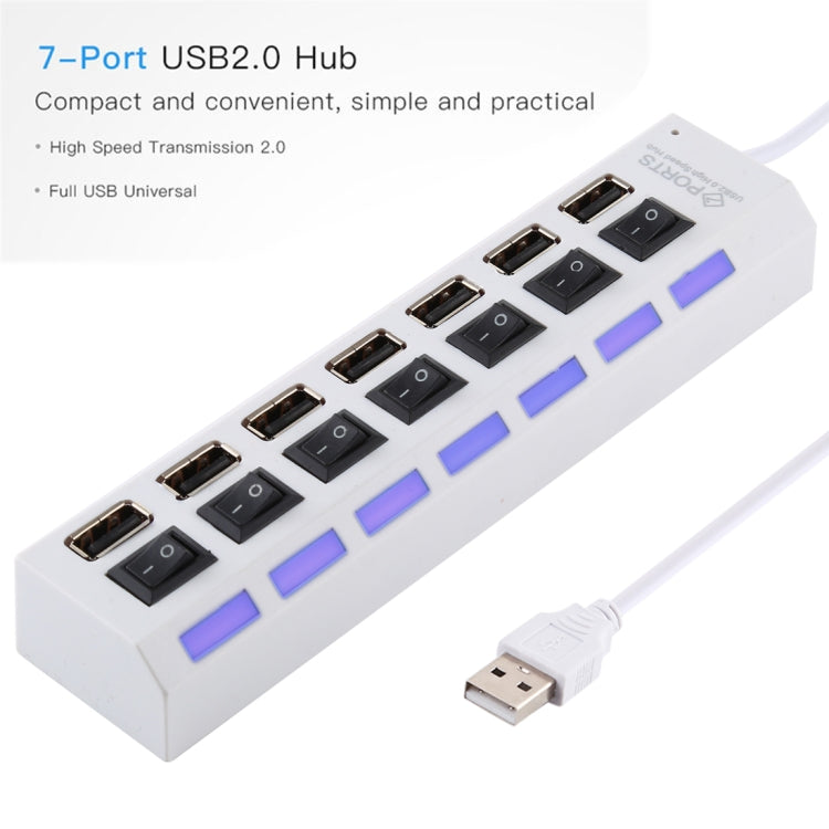 موزع USB 2.0 بسبع منافذ بسرعة عالية 480 ميجابت/ث مع مفتاح تشغيل/إيقاف و7 مصابيح LED، 7 منافذ (أبيض)، 7 منافذ (أسود)