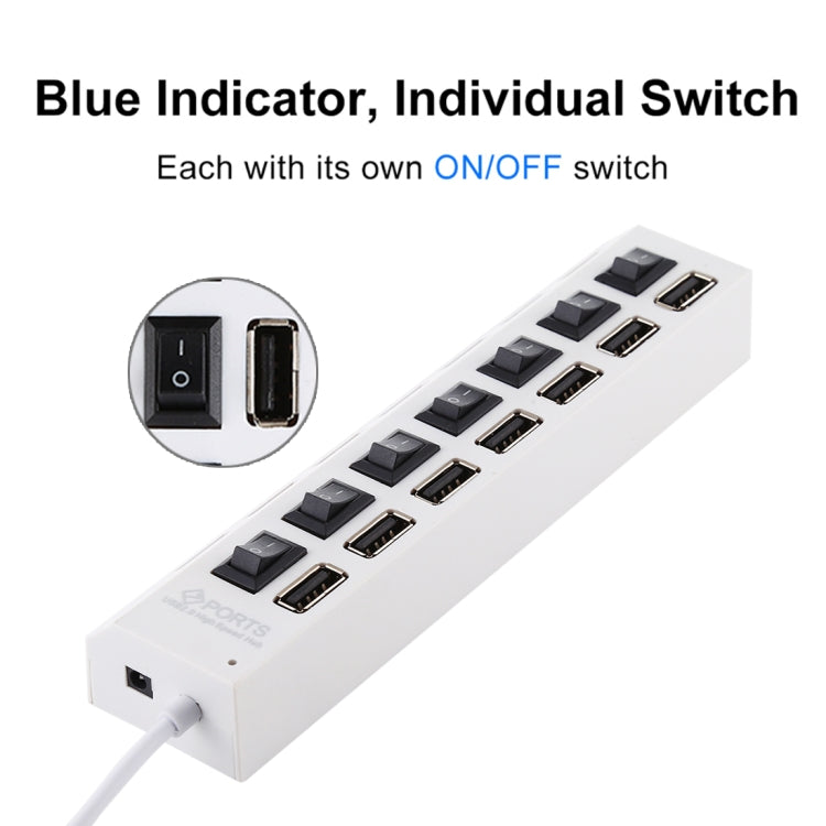 موزع USB 2.0 بسبع منافذ بسرعة عالية 480 ميجابت/ث مع مفتاح تشغيل/إيقاف و7 مصابيح LED، 7 منافذ (أبيض)، 7 منافذ (أسود)