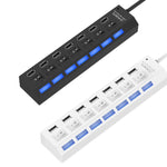 موزع USB 2.0 بسبع منافذ بسرعة عالية 480 ميجابت/ث مع مفتاح تشغيل/إيقاف و7 مصابيح LED، 7 منافذ (أبيض)، 7 منافذ (أسود)