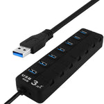 موزع USB 3.0 بسبع منافذ مع مفاتيح فردية لكل منفذ نقل بيانات، 7 منافذ (أسود)