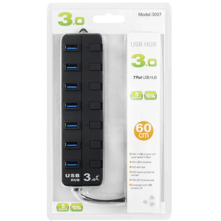 موزع USB 3.0 بسبع منافذ مع مفاتيح فردية لكل منفذ نقل بيانات، 7 منافذ (أسود)