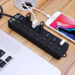 موزع USB 3.0 بسبع منافذ مع مفاتيح فردية لكل منفذ نقل بيانات، 7 منافذ (أسود)
