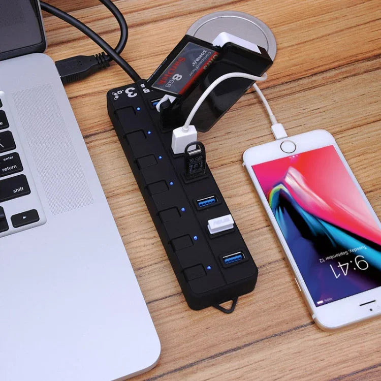 موزع USB 3.0 بسبع منافذ مع مفاتيح فردية لكل منفذ نقل بيانات، 7 منافذ (أسود)