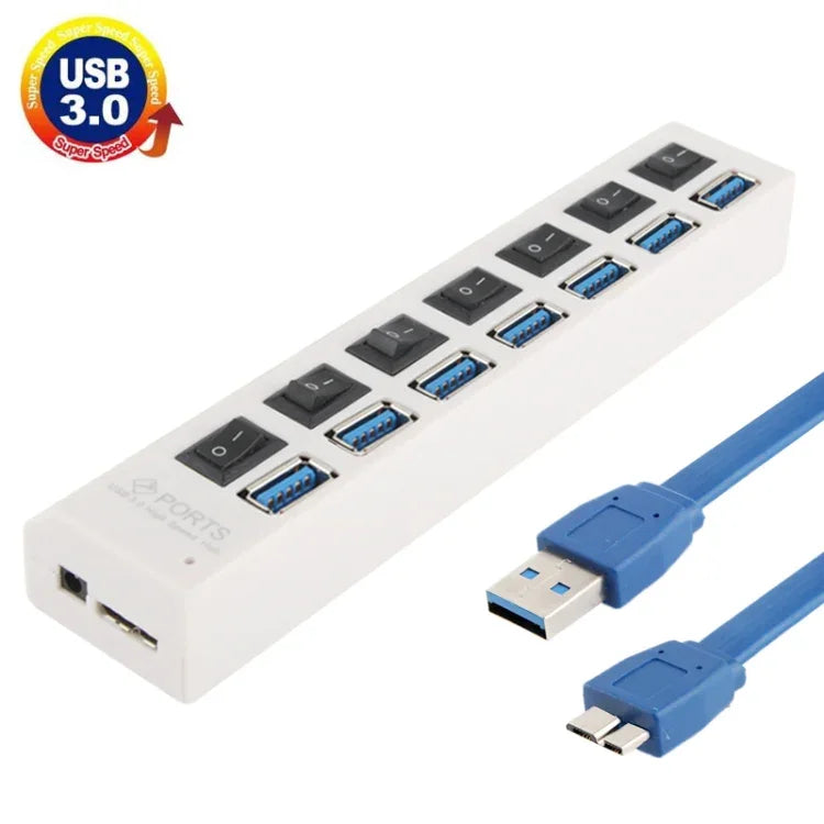 موزع USB 3.0 بسبع منافذ، سرعة فائقة 5Gbps، توصيل وتشغيل، يدعم 1TB، 7 منافذ (أسود)، 7 منافذ (أبيض)