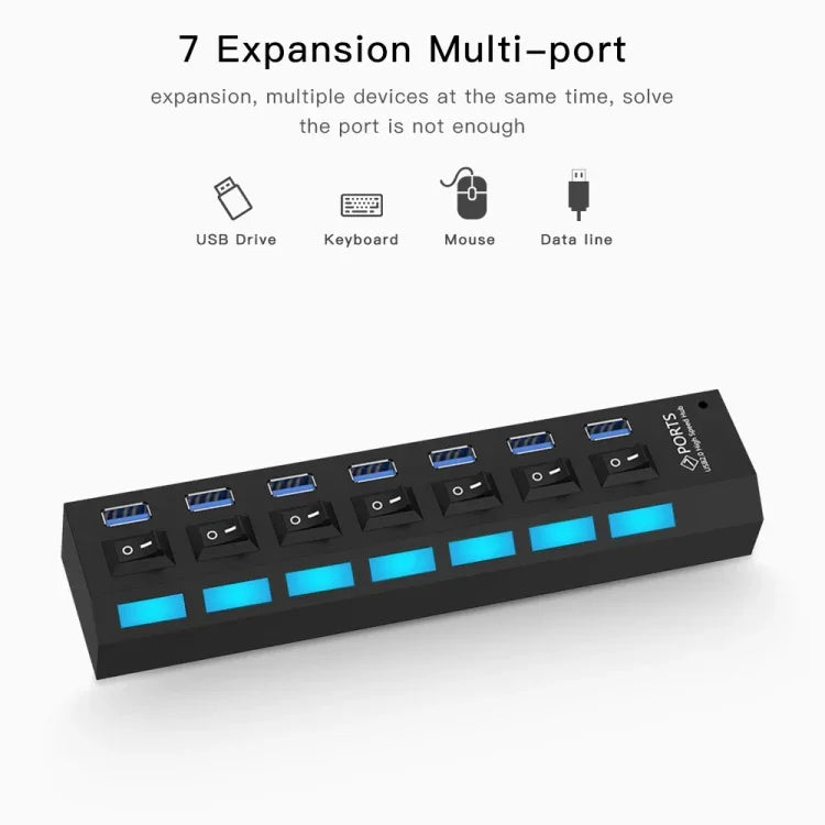 موزع USB 3.0 بسبع منافذ، سرعة فائقة 5Gbps، توصيل وتشغيل، يدعم 1TB، 7 منافذ (أسود)، 7 منافذ (أبيض)