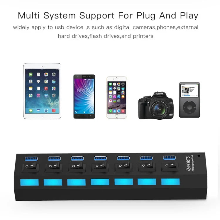 موزع USB 3.0 بسبع منافذ، سرعة فائقة 5Gbps، توصيل وتشغيل، يدعم 1TB، 7 منافذ (أسود)، 7 منافذ (أبيض)