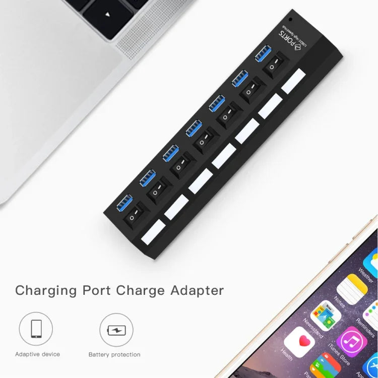 موزع USB 3.0 بسبع منافذ، سرعة فائقة 5Gbps، توصيل وتشغيل، يدعم 1TB، 7 منافذ (أسود)، 7 منافذ (أبيض)