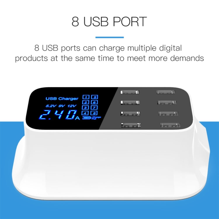 قاعدة شحن ذكية YC-CDA19A متعددة الوظائف مع 8 منافذ USB بقوة 40 واط وشاشة رقمية، قابس المملكة المتحدة، SAS1049A، SAS1049B، SAS1049C