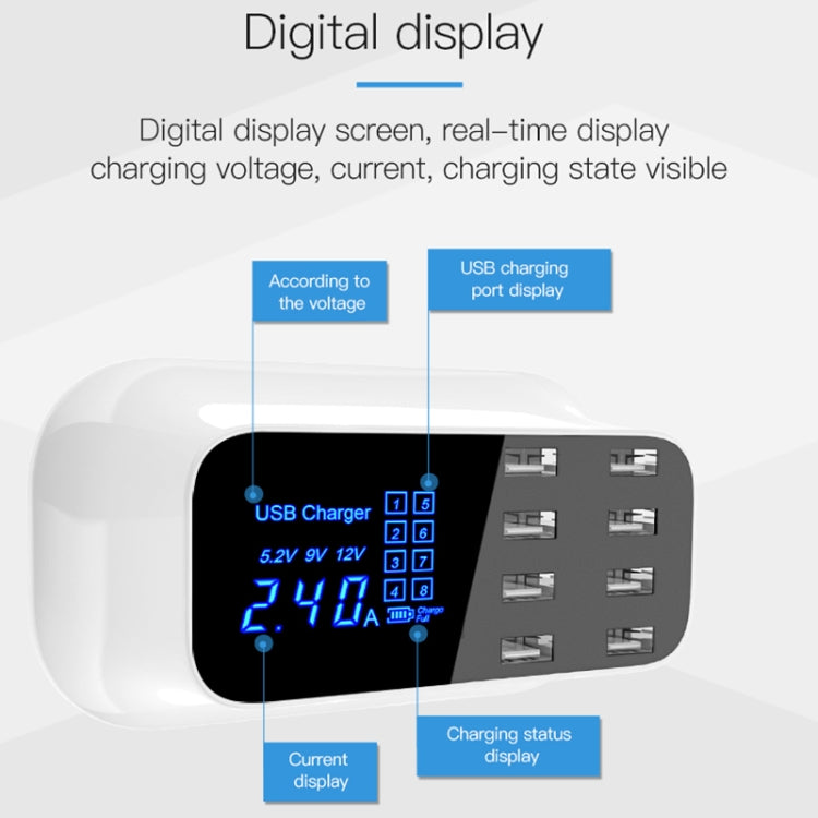 قاعدة شحن ذكية YC-CDA19A متعددة الوظائف مع 8 منافذ USB بقوة 40 واط وشاشة رقمية، قابس المملكة المتحدة، SAS1049A، SAS1049B، SAS1049C