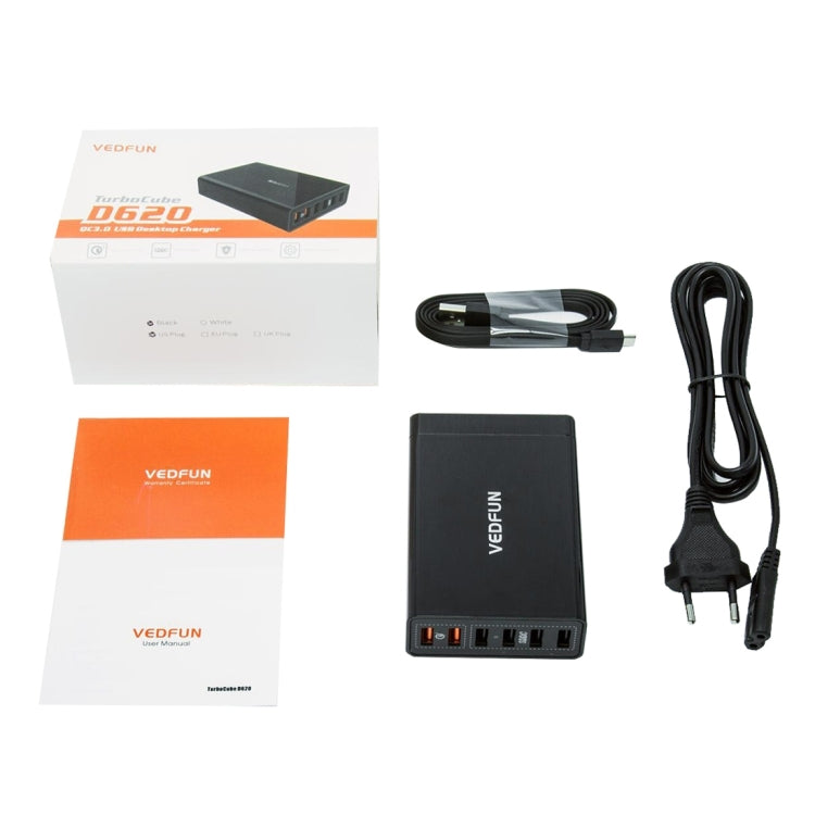 شاحن USB VEDFUN TurboCube D620 بستة منافذ للشحن السريع 3.0 + تقنية SDDC، قابس أوروبي/أمريكي/بريطاني