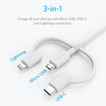 كابل بيانات معتمد MFI من ANKER 3 في 1 بمنفذ 8 بن + Micro USB + USB-C / Type-C