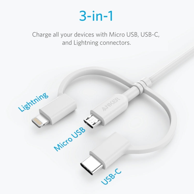 كابل بيانات معتمد MFI من ANKER 3 في 1 بمنفذ 8 بن + Micro USB + USB-C / Type-C