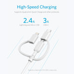 كابل بيانات معتمد MFI من ANKER 3 في 1 بمنفذ 8 بن + Micro USB + USB-C / Type-C