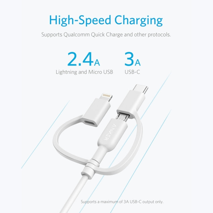كابل بيانات معتمد MFI من ANKER 3 في 1 بمنفذ 8 بن + Micro USB + USB-C / Type-C