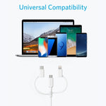 كابل بيانات معتمد MFI من ANKER 3 في 1 بمنفذ 8 بن + Micro USB + USB-C / Type-C