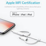 كابل بيانات معتمد MFI من ANKER 3 في 1 بمنفذ 8 بن + Micro USB + USB-C / Type-C