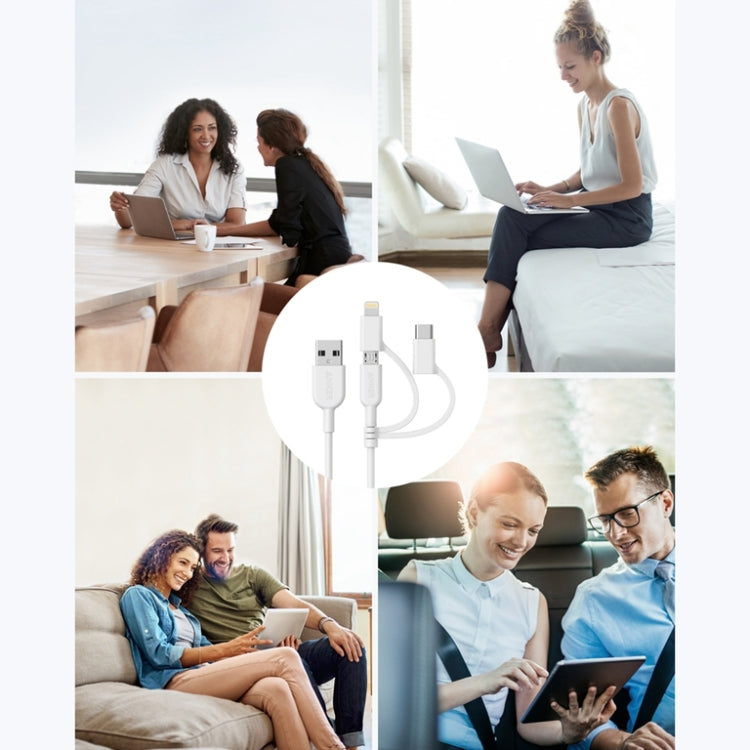 كابل بيانات معتمد MFI من ANKER 3 في 1 بمنفذ 8 بن + Micro USB + USB-C / Type-C