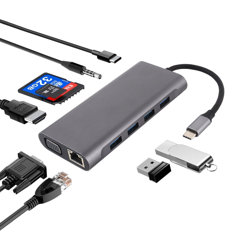 محول HUB 11 في 1 من VGA + منفذ LAN + 4 منافذ USB 3.0 + بطاقة SD / TF + HDMI + منفذ صوت + USB-C / Type-C أنثى إلى USB-C / Type-C، 11 منفذ إلى Type-C