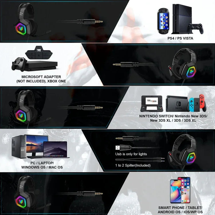 سماعة رأس سلكية لألعاب الكمبيوتر ONIKUMA K10 بمقبس 3.5مم مع إضاءة LED RGB، K10