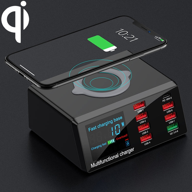 شاحن متعدد الوظائف X9 9 في 1 مع واجهة USB QC 3.0 + 6 منافذ USB + منافذ PD 65W + شحن لاسلكي سريع QI مع شاشة LED