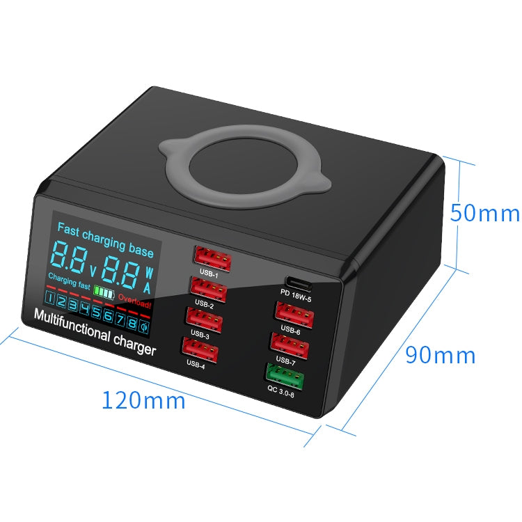 شاحن متعدد الوظائف X9 9 في 1 مع واجهة USB QC 3.0 + 6 منافذ USB + منافذ PD 65W + شحن لاسلكي سريع QI مع شاشة LED