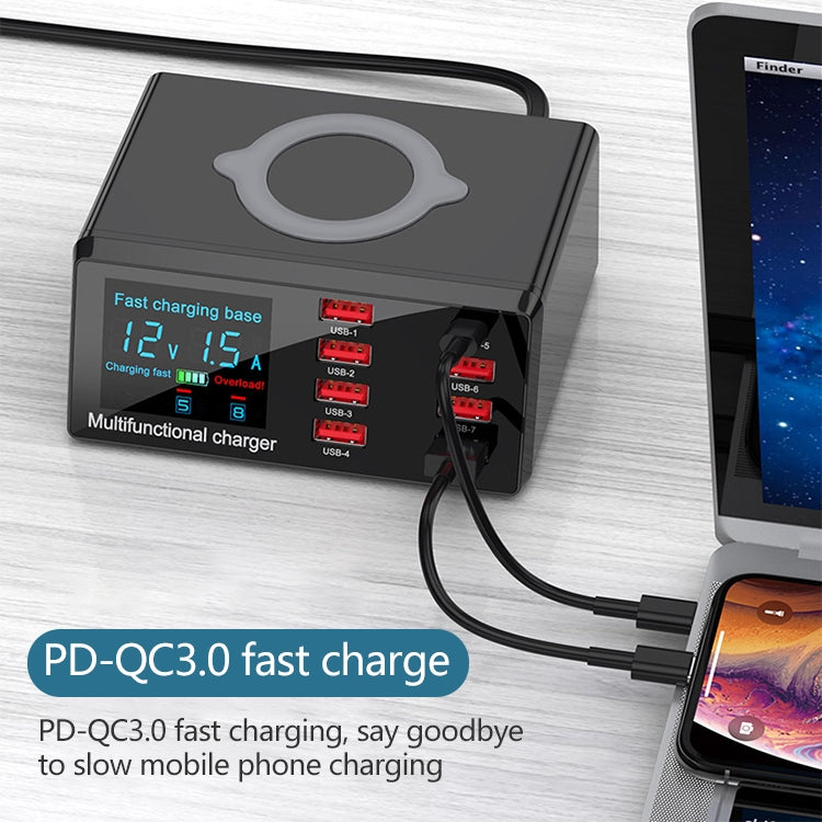 شاحن متعدد الوظائف X9 9 في 1 مع واجهة USB QC 3.0 + 6 منافذ USB + منافذ PD 65W + شحن لاسلكي سريع QI مع شاشة LED
