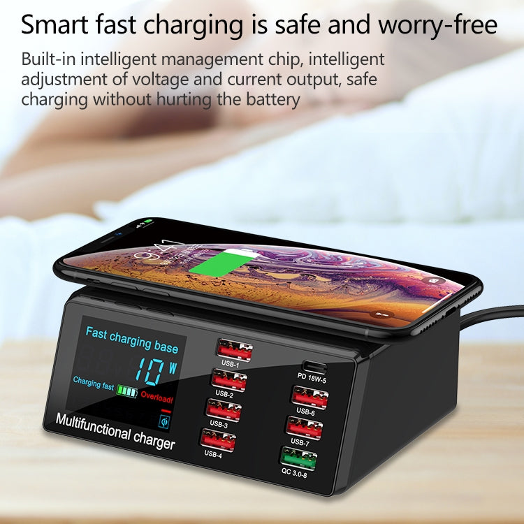شاحن متعدد الوظائف X9 9 في 1 مع واجهة USB QC 3.0 + 6 منافذ USB + منافذ PD 65W + شحن لاسلكي سريع QI مع شاشة LED