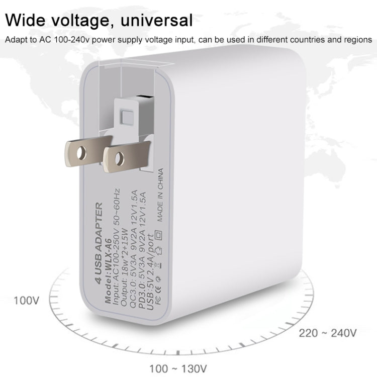 محول طاقة شاحن سفر USB سريع 4 منافذ WLX-A6، قابس الولايات المتحدة، قابس الولايات المتحدة