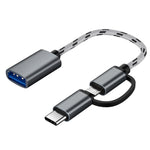 كابل محول مضفر من النايلون USB 3.0 أنثى إلى Micro USB + USB-C / Type-C ذكر للشحن والنقل OTG، طول الكابل: 17 سم، Micro USB 17 سم رمادي، Micro USB 17 سم ذهبي