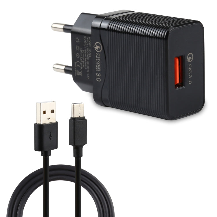 شاحن سفر 2 في 1 LZ-728 بقوة 18 واط QC 3.0 بمنفذ USB + مجموعة كابل بيانات USB إلى USB-C / Type-C، قابس أوروبي، طول الكابل: 1 متر، مع كابل USB-C / Type-C