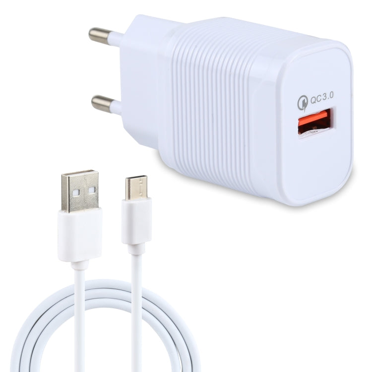 شاحن سفر 2 في 1 LZ-728 بقوة 18 واط QC 3.0 بمنفذ USB + مجموعة كابل بيانات USB إلى USB-C / Type-C، قابس أوروبي، طول الكابل: 1 متر، مع كابل USB-C / Type-C