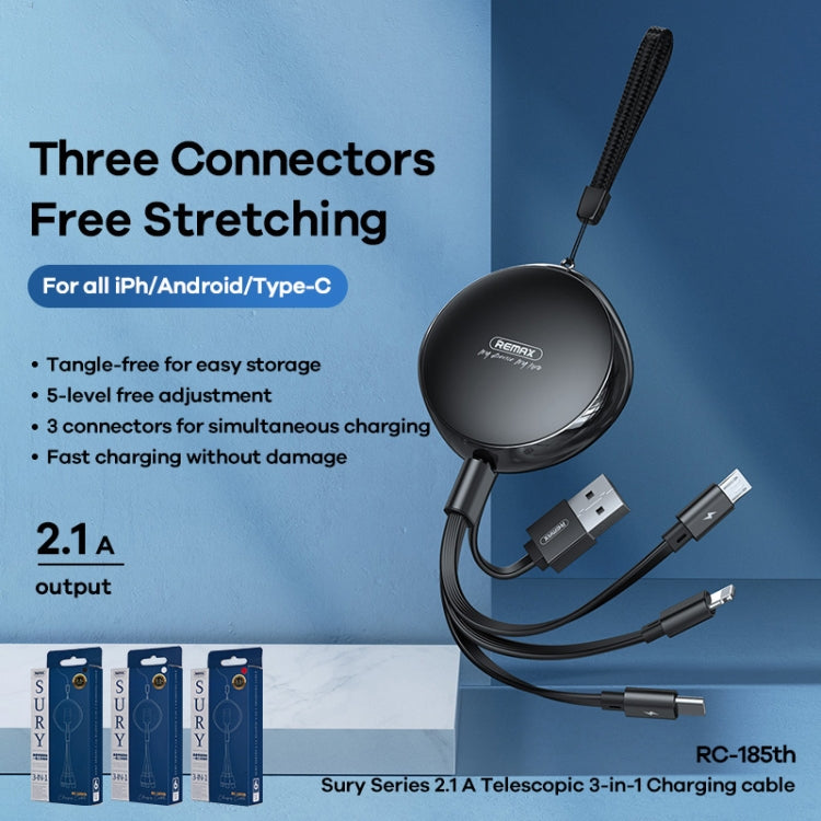 REMAX RC-185th 3 في 1 كابل شحن وبيانات تلسكوبي USB إلى 8 دبابيس + USB-C / Type-C + Micro USB سلسلة Sury