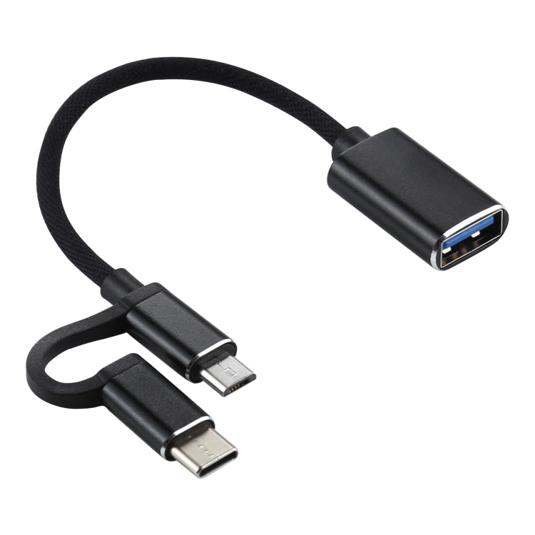 كابل محول OTG مضفر من النايلون USB 3.0 أنثى إلى Micro USB + USB-C / تايب-سي ذكر للشحن والنقل، طول الكابل: 11 سم، Micro USB أسود، Micro USB أزرق، Micro USB أحمر، Micro USB فضي، Micro USB أبيض