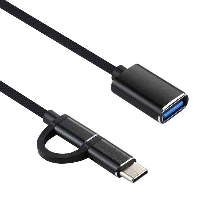 كابل محول OTG مضفر من النايلون USB 3.0 أنثى إلى Micro USB + USB-C / تايب-سي ذكر للشحن والنقل، طول الكابل: 11 سم، Micro USB أسود، Micro USB أزرق، Micro USB أحمر، Micro USB فضي، Micro USB أبيض