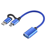 كابل محول OTG مضفر من النايلون USB 3.0 أنثى إلى Micro USB + USB-C / تايب-سي ذكر للشحن والنقل، طول الكابل: 11 سم، Micro USB أسود، Micro USB أزرق، Micro USB أحمر، Micro USB فضي، Micro USB أبيض