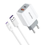 شاحن سفر سريع awei PD4 20W PD Type-C + QC 3.0 بمنفذ USB مع كابل بيانات، قابس الاتحاد الأوروبي