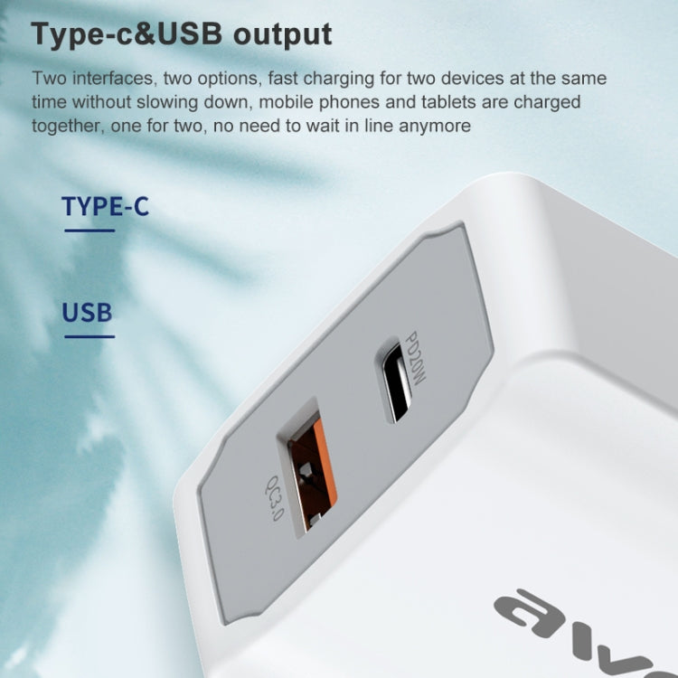 شاحن سفر سريع awei PD4 20W PD Type-C + QC 3.0 بمنفذ USB مع كابل بيانات، قابس الاتحاد الأوروبي