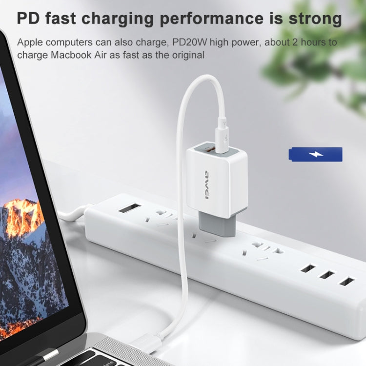 شاحن سفر سريع awei PD4 20W PD Type-C + QC 3.0 بمنفذ USB مع كابل بيانات، قابس الاتحاد الأوروبي