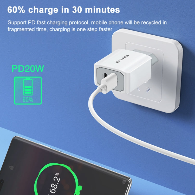 شاحن سفر سريع awei PD4 20W PD Type-C + QC 3.0 بمنفذ USB مع كابل بيانات، قابس الاتحاد الأوروبي