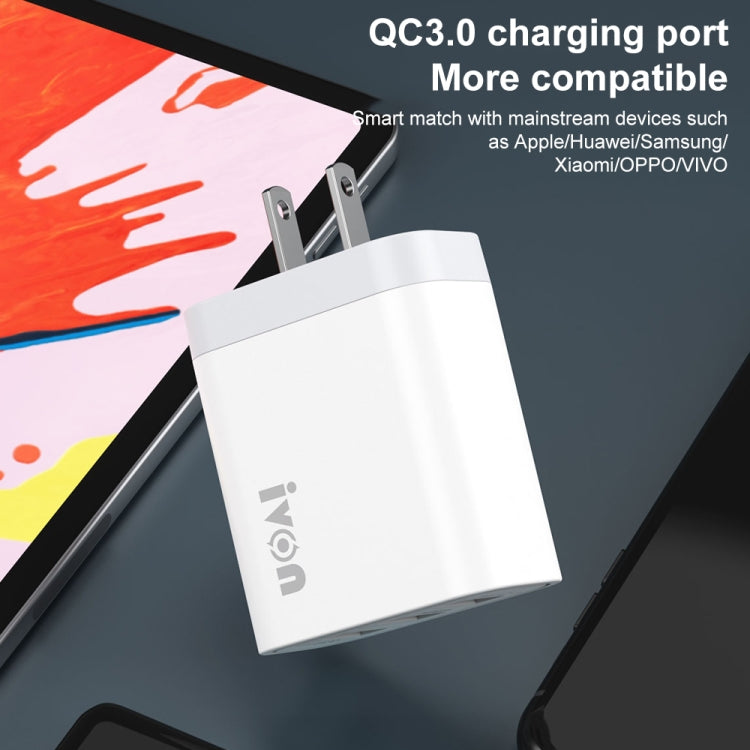 شاحن سفر IVON AD37 بتيار 5 أمبير و QC 3.0 بثلاثة منافذ USB، قابس أمريكي، AD37