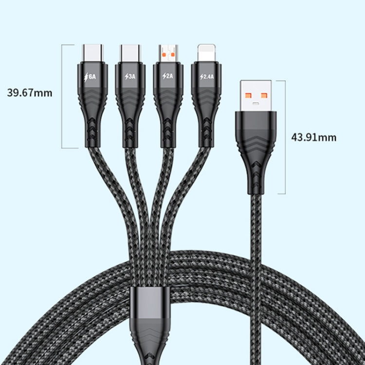 كابل شحن وبيانات سريع 4 في 1 بقوة 66 واط 6 أمبير USB إلى 8 دبابيس + Micro USB + USB-C مزدوج / Type-C، طول الكابل: 2 م، 66 واط